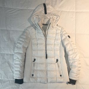Nautica Quilted Puffer Coat Removable Hood Small White Thumb Holes Full Zip